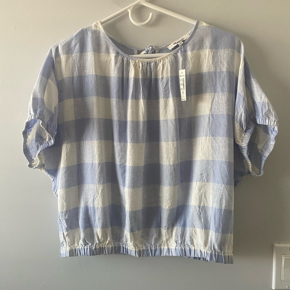 Madewell Linen Blend Michelle Bubble Top in Gingham Check Size Medium